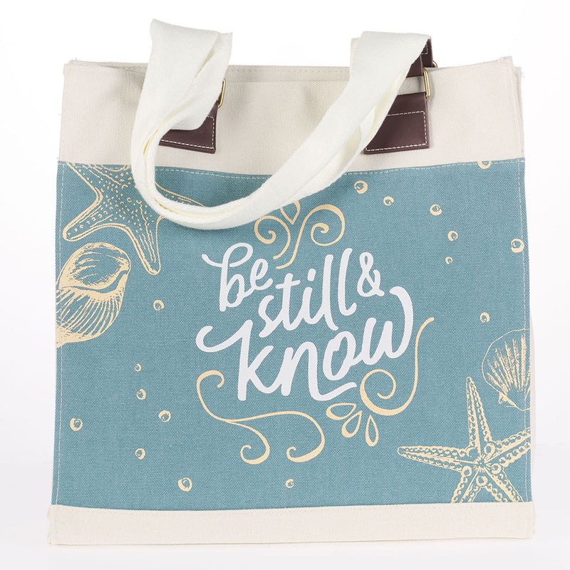 Tote Canvas White/Blue Shell Printed Be Still & Know