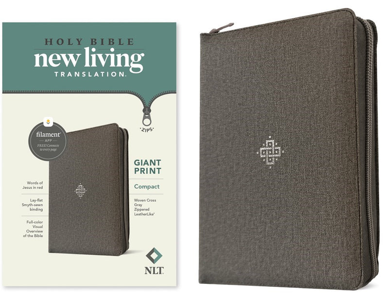 NLT Compact Giant Print Zipper Bible  Filament-Enabled Edition With Zipper-Woven Cross Gray LeatherLike