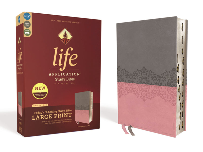 NIV Life Application Study Bible/Large Print (Third Edition)-Gray/Pink Leathersoft Indexed