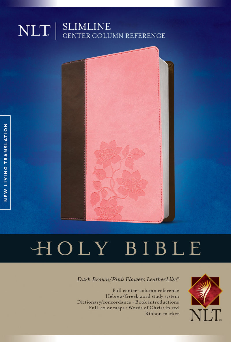 NLT Slimline Center Column Reference Bible-Brown/Pink Flower TuTone