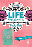 NLT Girls Life Application Study Bible-Teal/Pink Flowers LeatherLike